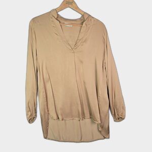Dixie Tunic Gold M Minimalist V Neck Hi Low Viscose Long Sleeve